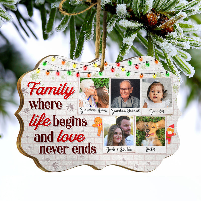 Photo personnalisée de famille où la vie commence et l'amour ne finit jamais - Cadeau de Noël pour la famille - Décoration en bois personnalisée