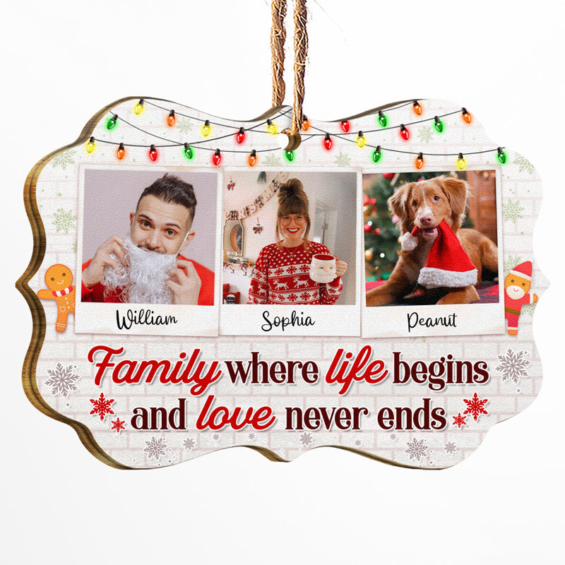 Photo personnalisée de famille où la vie commence et l'amour ne finit jamais - Cadeau de Noël pour la famille - Décoration en bois personnalisée