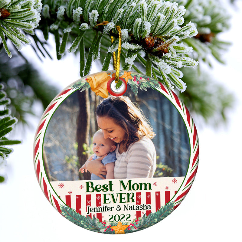 Custom Photo Best Grandma Grandpa Ever - Christmas Gift For Family - Personalized Custom Circle Ceramic Ornament