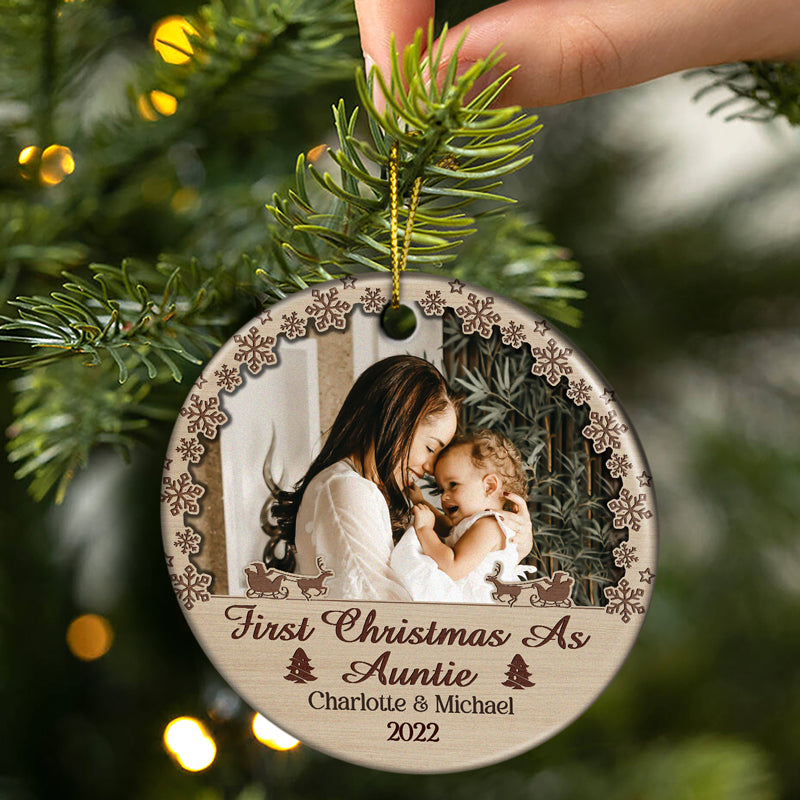 Custom Photo First Christmas As Mom Dad Grandparents - Christmas Gift For Family - Personalized Custom Circle Ceramic Ornament