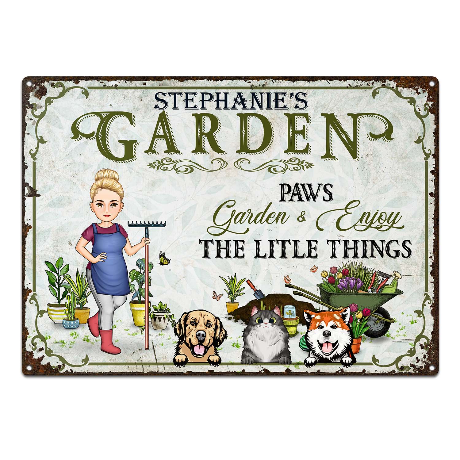 Paws, Garden And Enjoy The Little Things - Garden Sign, Birthday Gift For Her, Him, Gardener, Outdoor Decor - Personalized Custom Classic Metal Signs