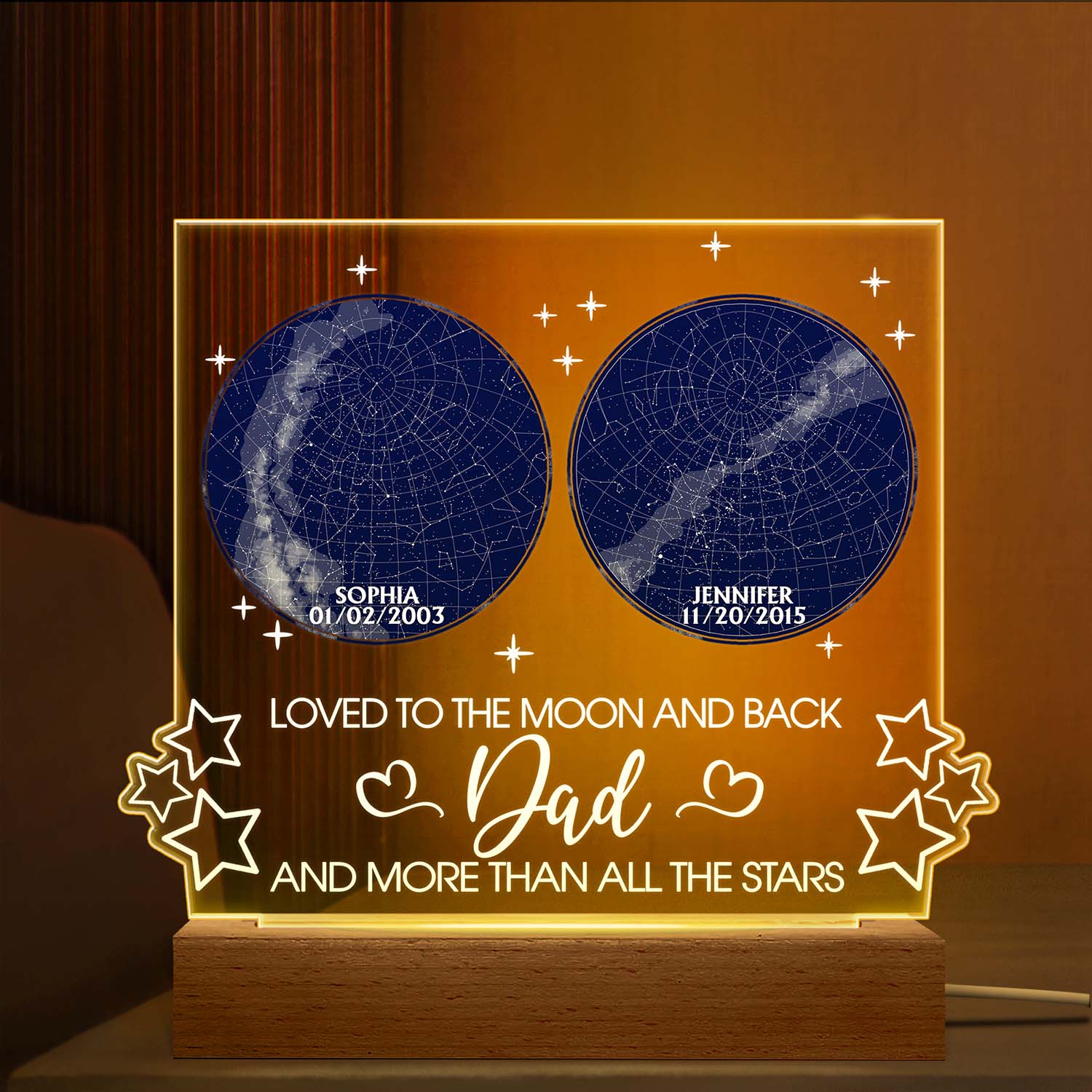 Star Map Loved To The Moon And Back - Birthday, Loving Gift For Father, Dad - Personalized Custom 3D Led Light Wooden Base