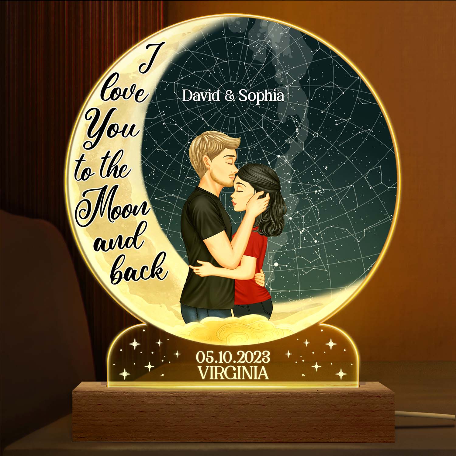 Star Map I Love You To The Moon And Back - Anniversary Gift For Couples - Personalized Custom 3D Led Light Wooden Base