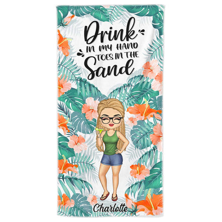 Boire dans ma main, les orteils dans le sable - Cadeau pour les amoureux de la plage - Serviette de plage personnalisée