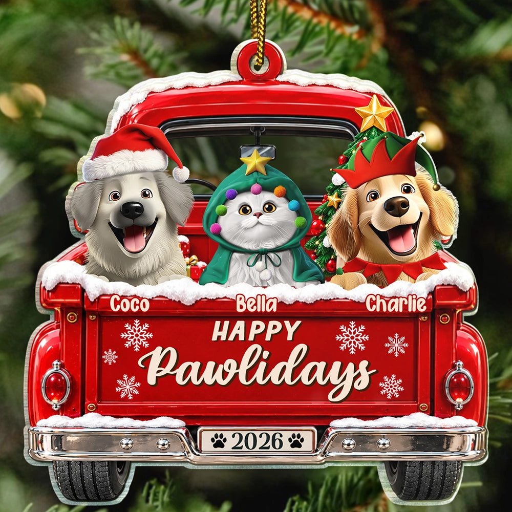Christmas, Indoor Decor, Pet Lovers, Playful, Vector - Christmas Gift For Dog Cat Lovers - Personalized Happy Pawlidays Merry Woofmas Acrylic Ornament