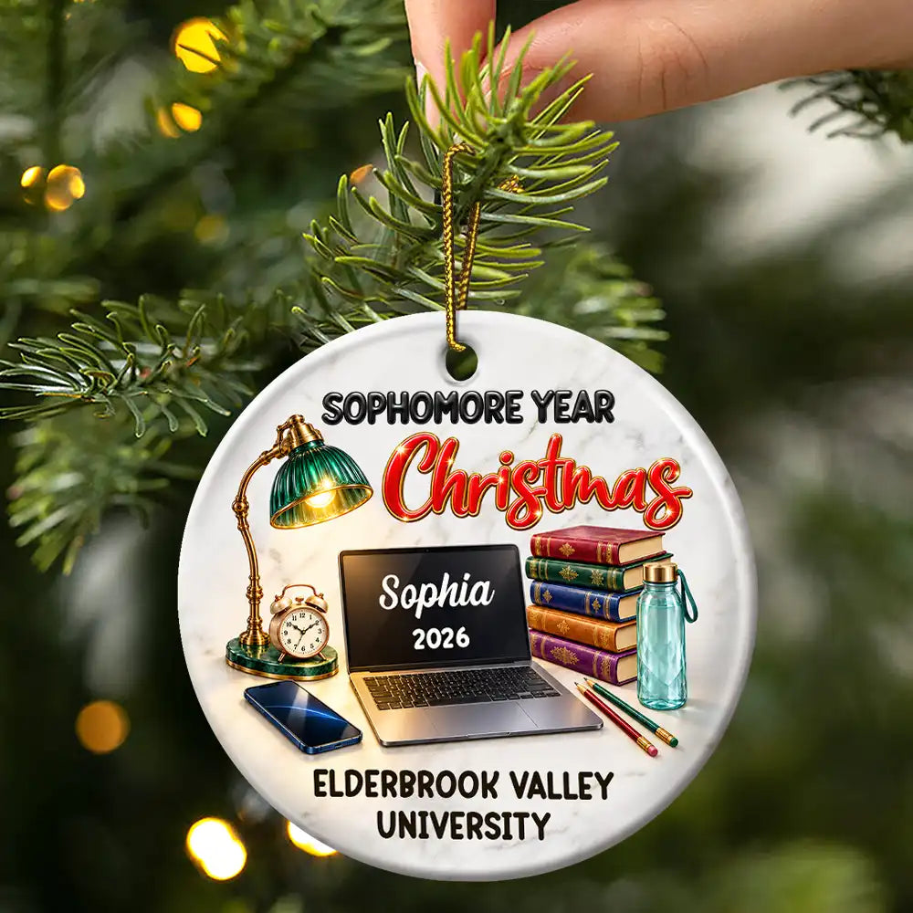 Christmas,Custom Text,Happy,Top Market - Christmas Keepsake Gift For College Student - Personalized Freshman Sophomore Year Circle Ceramic Ornament