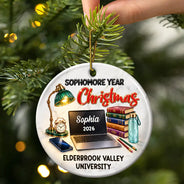 Christmas,Custom Text,Happy,Top Market - Christmas Keepsake Gift For College Student - Personalized Freshman Sophomore Year Circle Ceramic Ornament