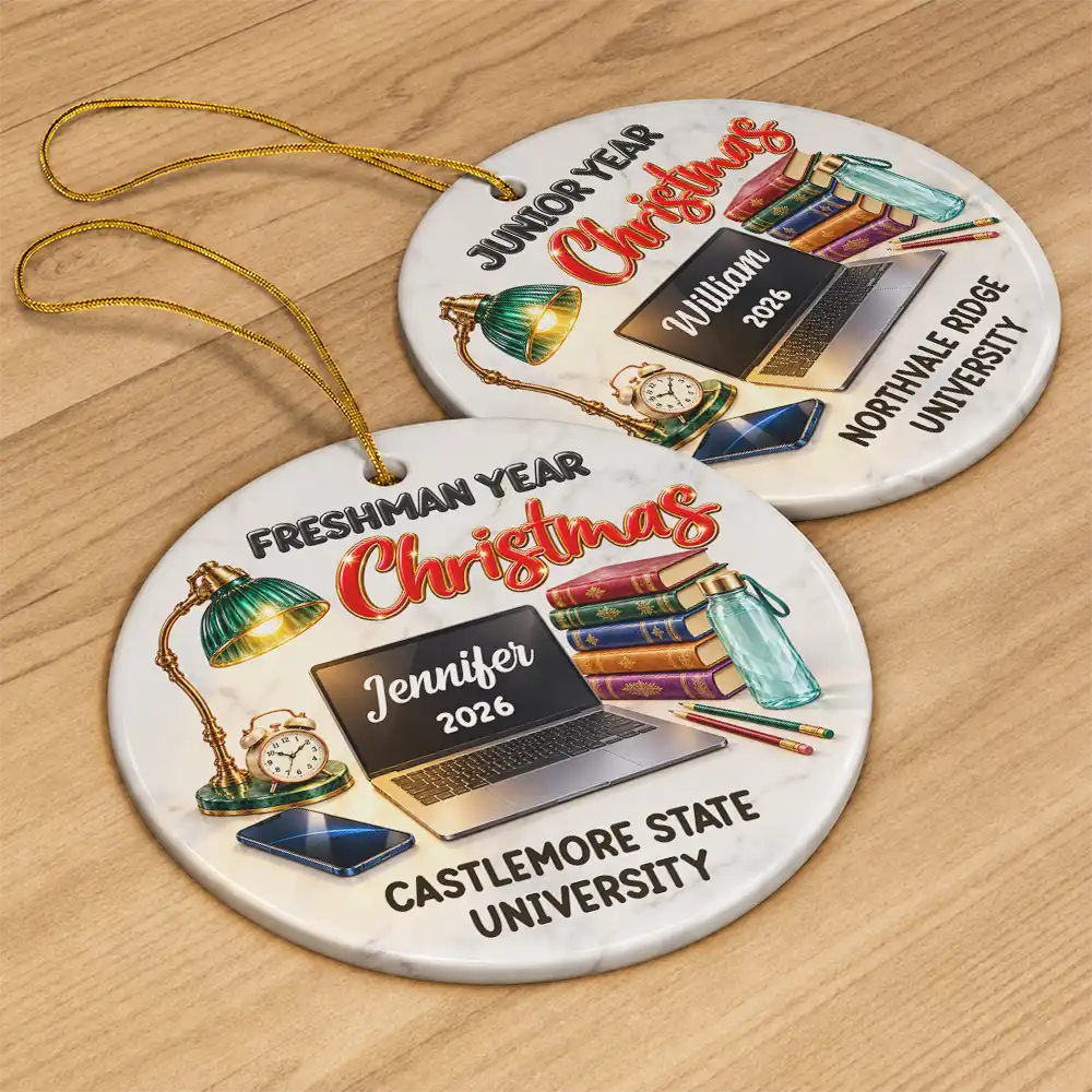 Christmas,Custom Text,Happy,Top Market - Christmas Keepsake Gift For College Student - Personalized Freshman Sophomore Year Circle Ceramic Ornament