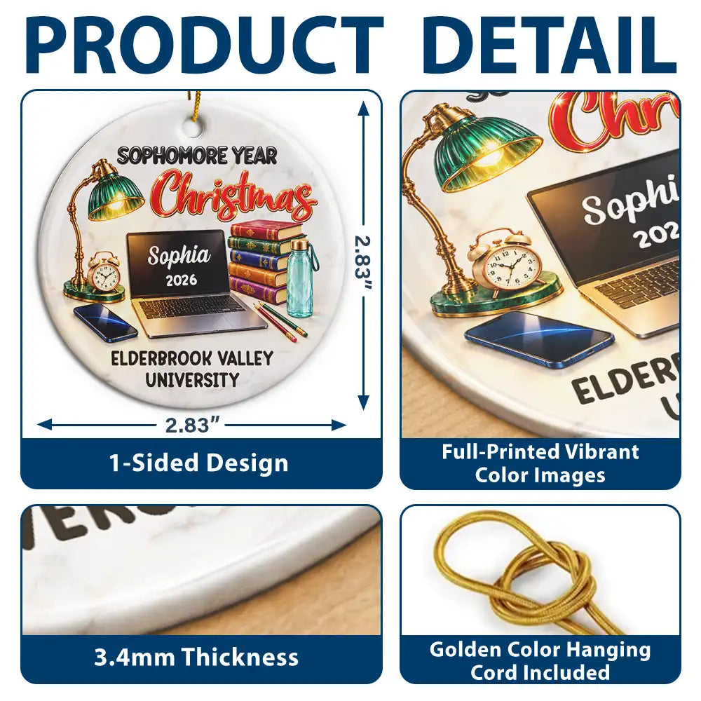 Christmas,Custom Text,Happy,Top Market - Christmas Keepsake Gift For College Student - Personalized Freshman Sophomore Year Circle Ceramic Ornament