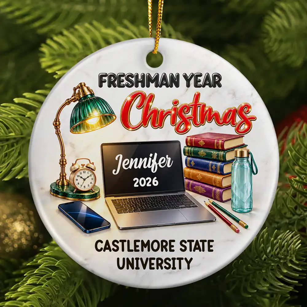 Christmas Keepsake Gift For College Student - Personalized Freshman Sophomore Year Circle Ceramic Ornament