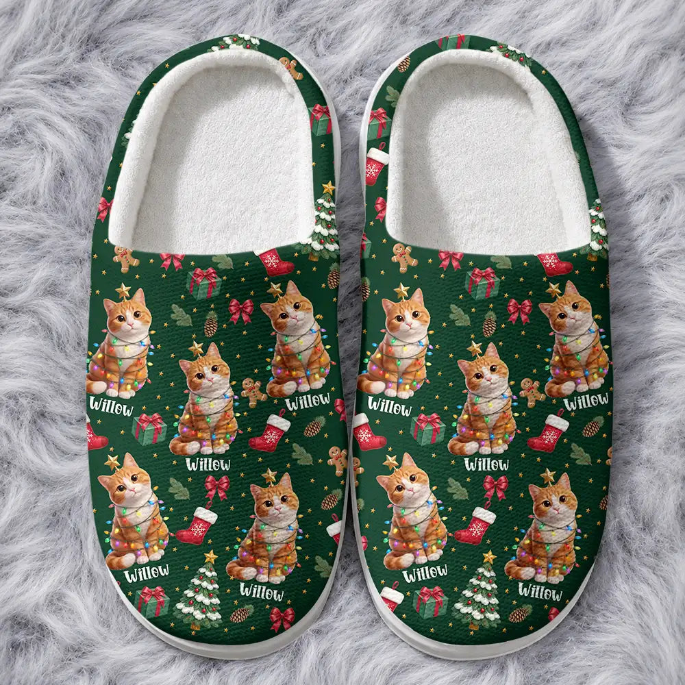 Art Design,Christmas,Custom Photo,Gift For Mother,Gifts For Her,Happy,Pet Lovers,Pet Mom,Photo - Christmas Accessories 3D Cartoon Pet - Christmas Gift For Pet Mom - Personalized Custom Photo Pet Name Festive Pattern Fluffy Slippers
