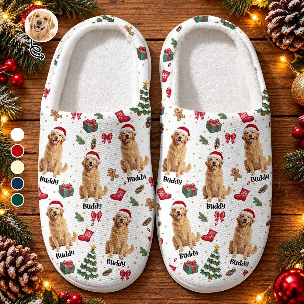 Art Design,Christmas,Custom Photo,Gift For Mother,Gifts For Her,Happy,Pet Lovers,Pet Mom,Photo - Christmas Accessories 3D Cartoon Pet - Christmas Gift For Pet Mom - Personalized Custom Photo Pet Name Festive Pattern Fluffy Slippers