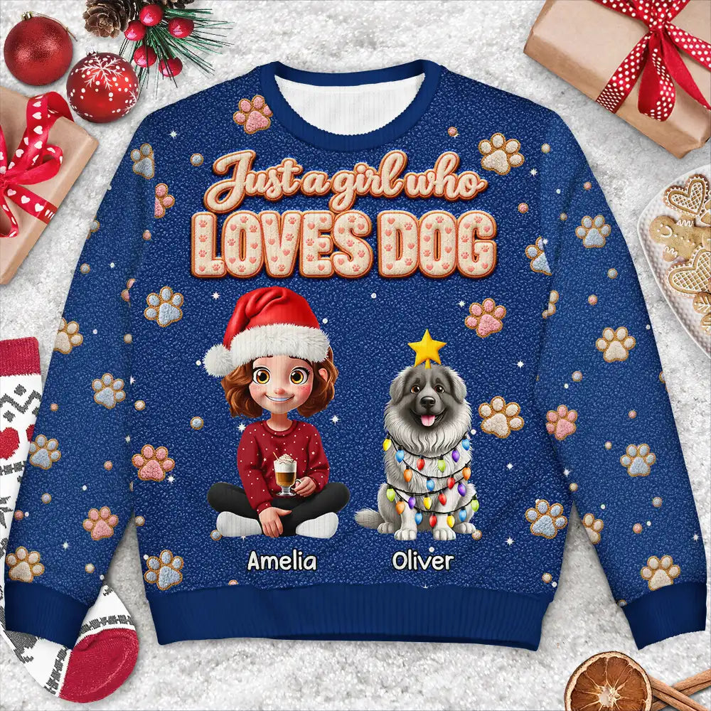 Christmas,Dog Lovers,Happy,Pet Lovers,Vector - Christmas Gift For Dog Lovers - Personalized Faux Fluffy A Girl Who Loves Dog Unisex Ugly Sweater