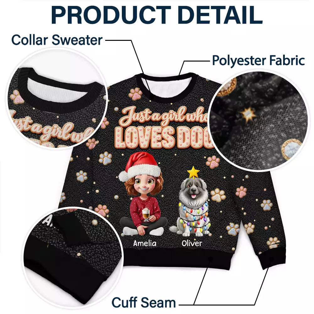 Christmas,Dog Lovers,Happy,Pet Lovers,Vector - Christmas Gift For Dog Lovers - Personalized Faux Fluffy A Girl Who Loves Dog Unisex Ugly Sweater