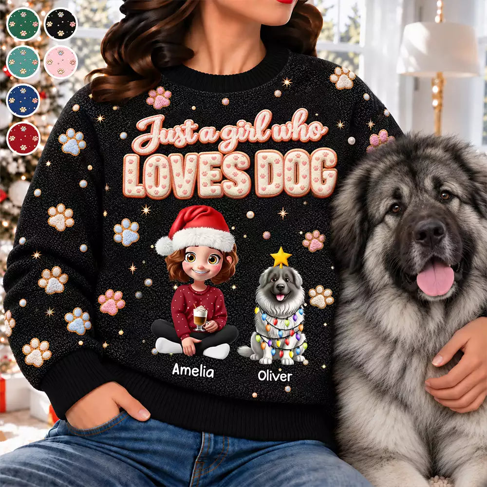 Christmas,Dog Lovers,Happy,Pet Lovers,Vector - Christmas Gift For Dog Lovers - Personalized Faux Fluffy A Girl Who Loves Dog Unisex Ugly Sweater