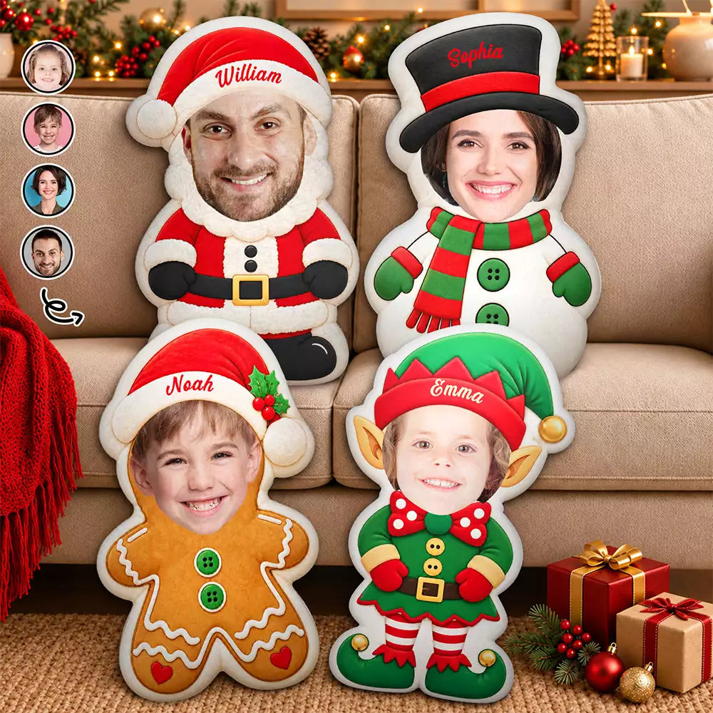 Christmas,Cozy,Custom Photo,Cut-Face Photo,Family - Christmas Gift For Family - Personalized Custom Photo Holiday Character Portrait Pillow