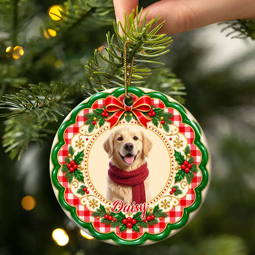 Art Design, Christmas, Custom Photo, Happy, Pet Lovers, Photo - Christmas Accessories 3D Cartoon Pet - Christmas Gift For Pet Lovers - Personalized Custom Photo Pet Portrait Circle Ceramic Ornament