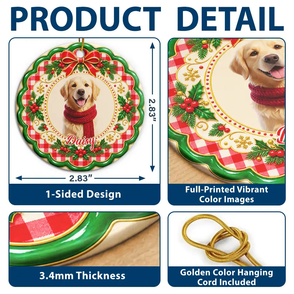 Art Design, Christmas, Custom Photo, Happy, Pet Lovers, Photo - Christmas Accessories 3D Cartoon Pet - Christmas Gift For Pet Lovers - Personalized Custom Photo Pet Portrait Circle Ceramic Ornament