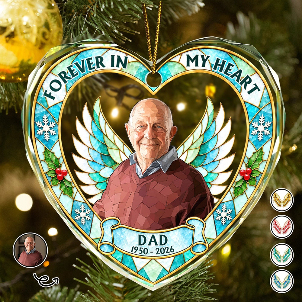 Art Design,Christmas,Custom Photo,Gift For Yourself,Gifts For Her,Gifts For Him,Memorial,Memorial Loved One,Photo - Stained Glass,Sympathetic - Memorial Christmas Gift For Loss Of Dad, Mom - Personalized Custom Photo Your Wings Were Ready Heart Shaped Glass Ornament