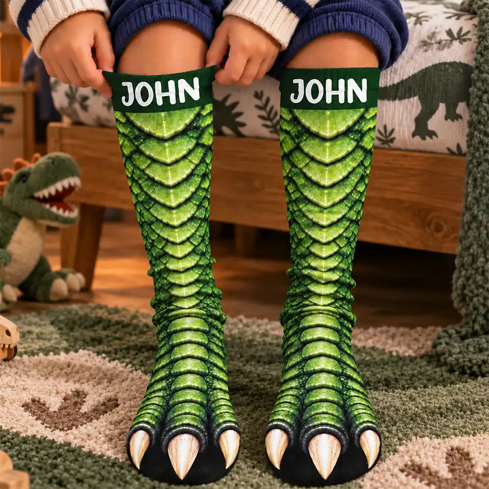 Christmas,Gift For Kids,Humorous,Icon - Funny Gift For Kids - Personalized Novelty Dinosaur Foot Illusion Socks
