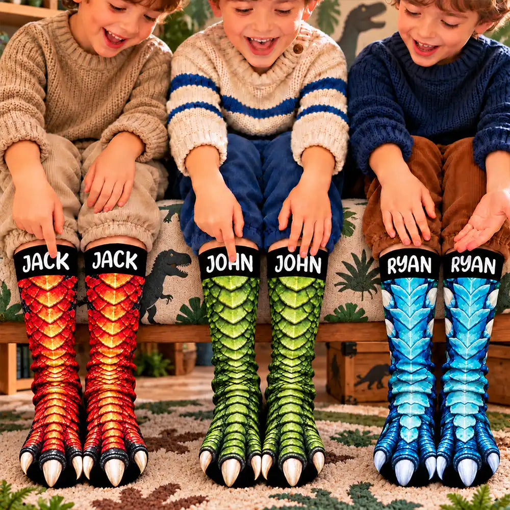 Christmas,Gift For Kids,Humorous,Icon - Funny Gift For Kids - Personalized Novelty Dinosaur Foot Illusion Socks