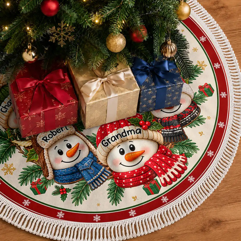 Christmas,Family,Grandparents,Happy,Icon - Christmas Decor For Grandparents - Personalized Snowman Wreath Tree Skirt