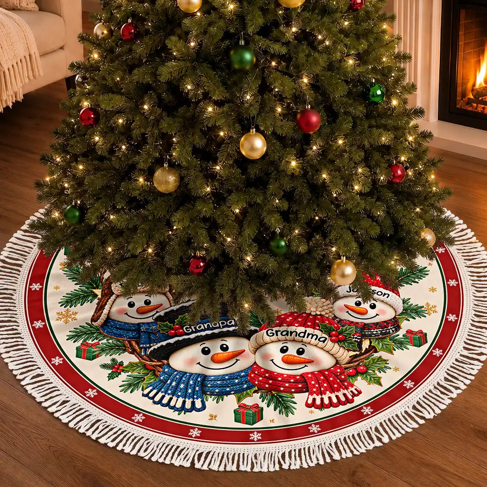 Christmas,Family,Grandparents,Happy,Icon - Christmas Decor For Grandparents - Personalized Snowman Wreath Tree Skirt