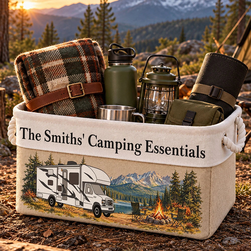 Camping,Family,Happy,Icon - Camping Gift For Family Friends - Personalized Name Storage Basket