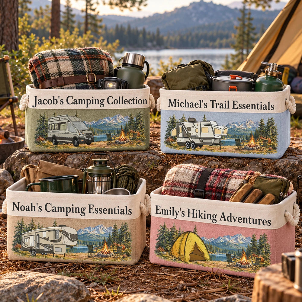 Camping,Family,Happy,Icon - Camping Gift For Family Friends - Personalized Name Storage Basket