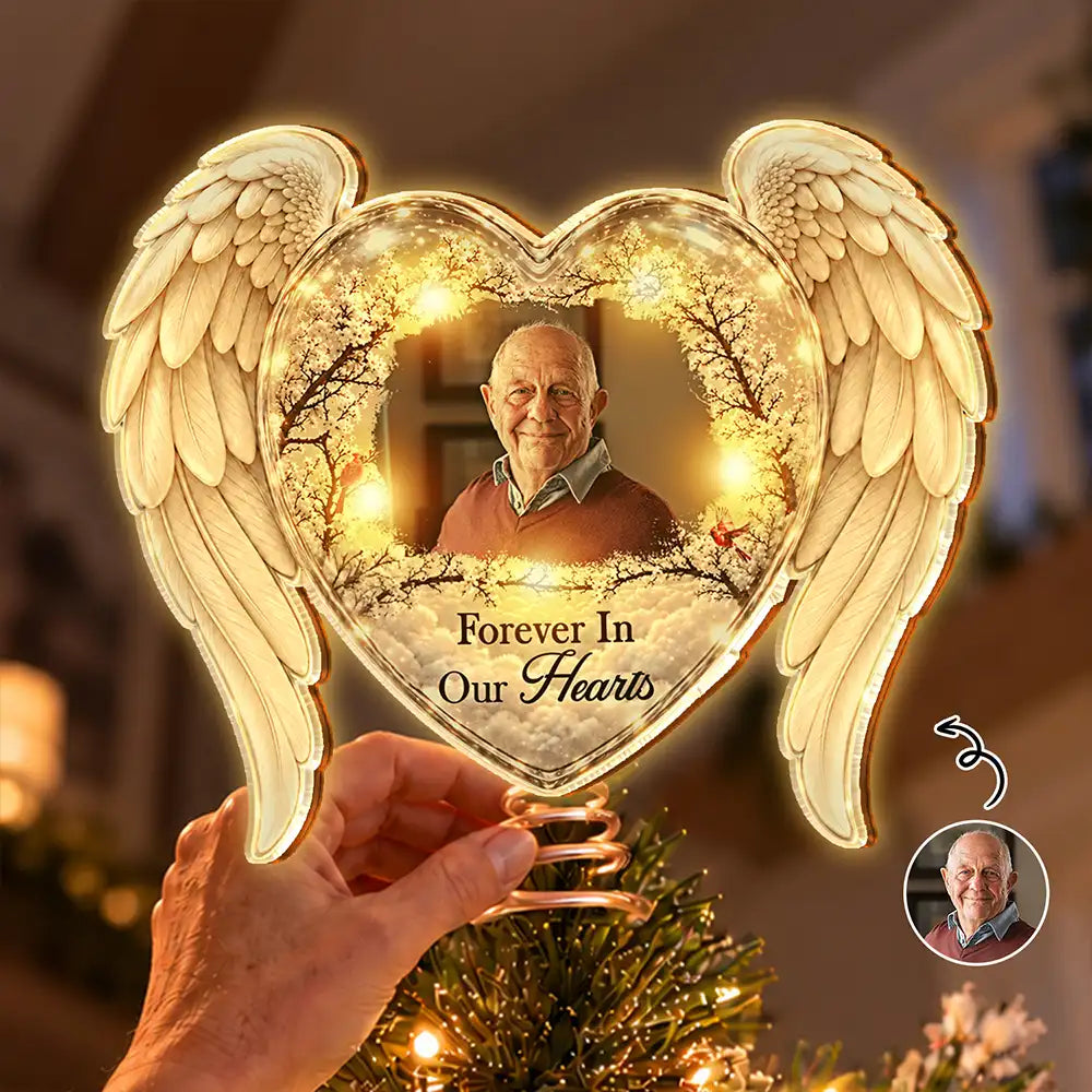 Christmas,Custom Photo,Family,Memorial,Memorial Loved One,Sympathetic,Upload Full Photo - Memorial Sympathy Gifts For Loss Of Loved One - Personalized Custom Photo Forever In Our Hearts LED Tree Topper