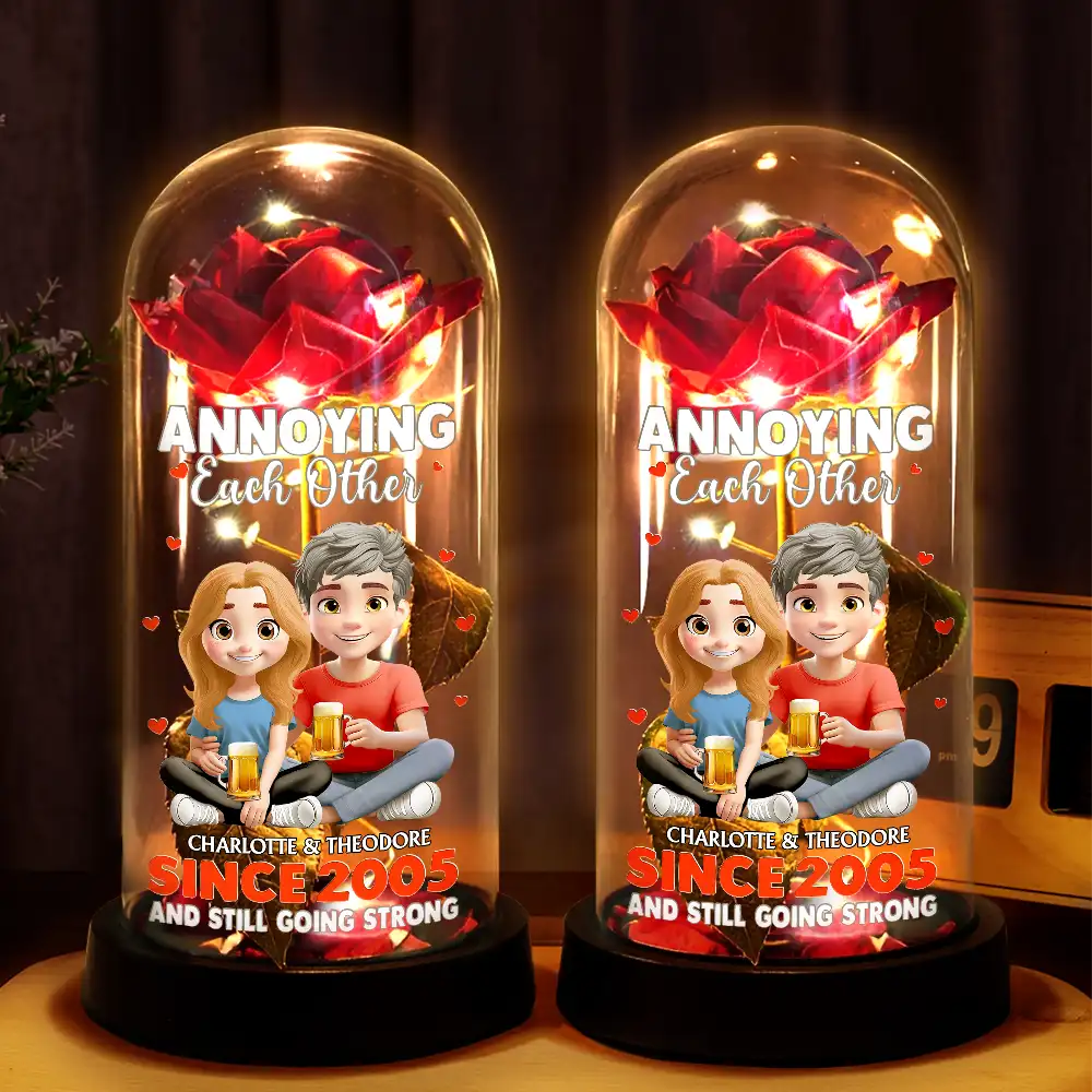 Gift For Couples,Gift For Husband,Gift For Wife,Gift For Boyfriend,Gift For Girlfriend - 3D Effect Couple Annoying Each Other - Personalized Everlasting Rose Dome Lamp