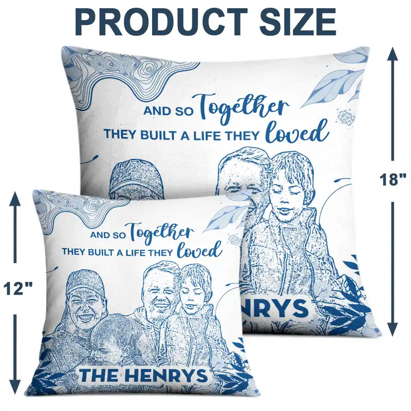 Family,Parents,Happy,Love,Christmas - Custom Photo Pencil Drawing Chinoiserie Toile And So Together They Built A Life They Loved - Personalized Pillow