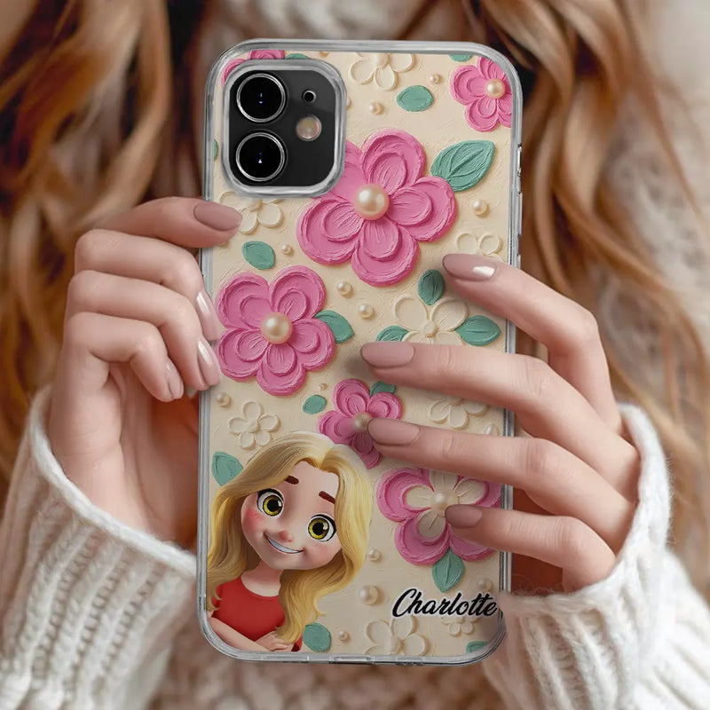 Gift For Grandma,Gift For Grandkids,Happy - Grandma's Mom's Kids 3D Effect Flower Pattern - Personalized Clear Phone Case