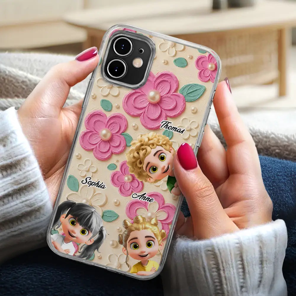 Gift For Grandma,Gift For Grandkids,Happy - Grandma's Mom's Kids 3D Effect Flower Pattern - Personalized Clear Phone Case