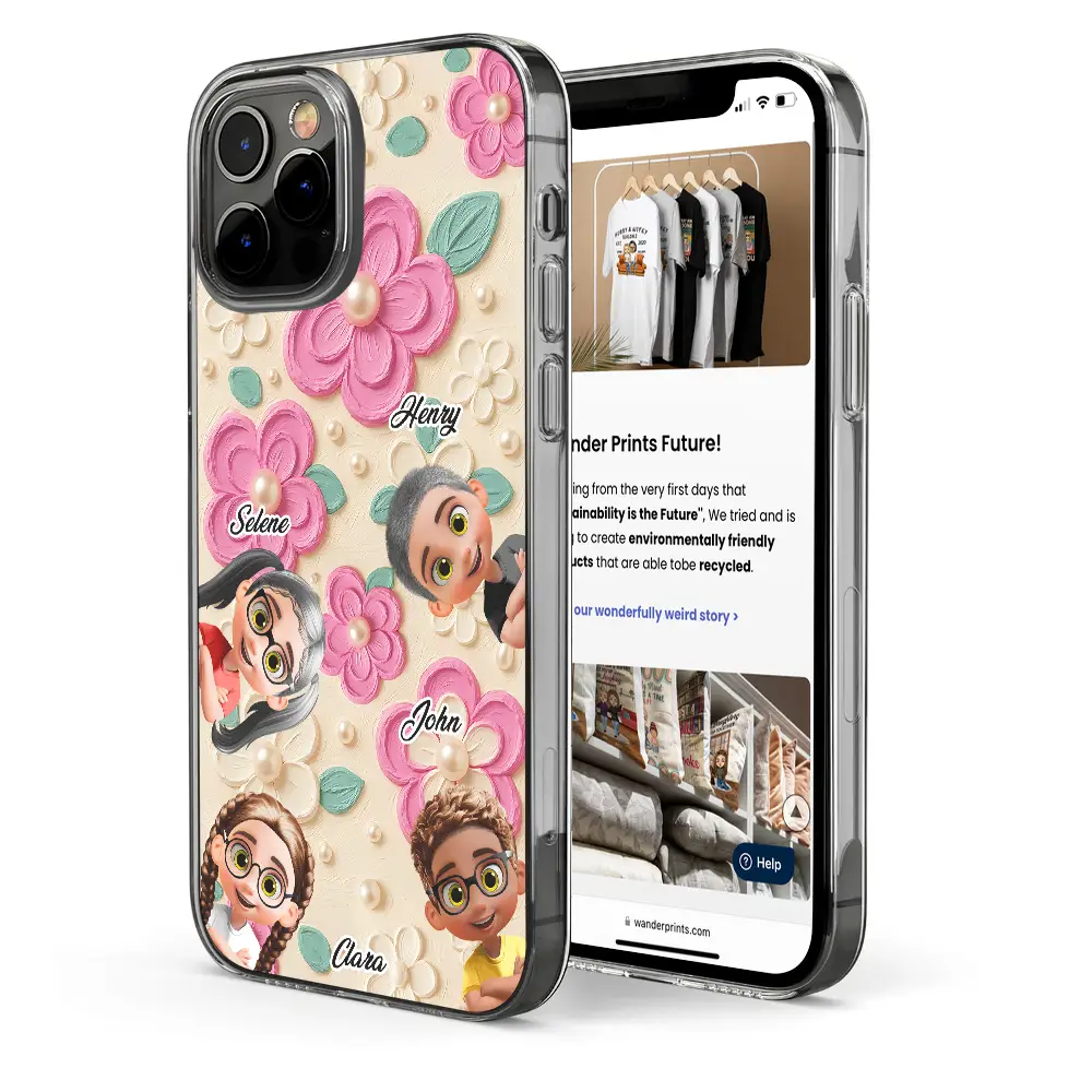 Gift For Grandma,Gift For Grandkids,Happy - Grandma's Mom's Kids 3D Effect Flower Pattern - Personalized Clear Phone Case