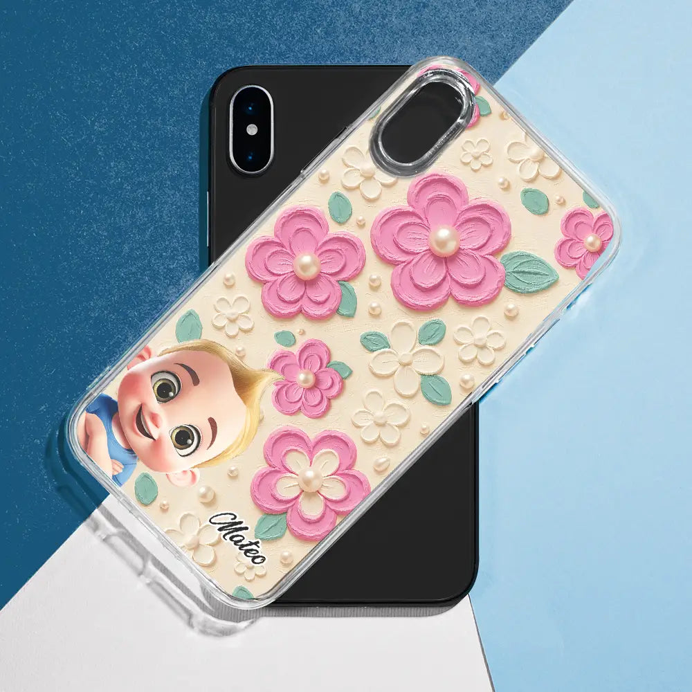Gift For Grandma,Gift For Grandkids,Happy - Grandma's Mom's Kids 3D Effect Flower Pattern - Personalized Clear Phone Case