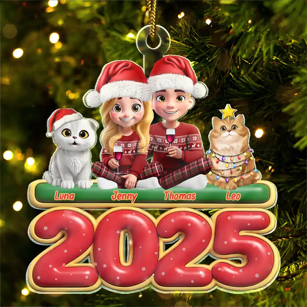 Cat Lovers,Cat Couple,Pet Lovers,Pet Couple,Christmas,Happy - 3D Effect Couple Sitting With Cats - Personalized Custom Shaped Acrylic Ornament