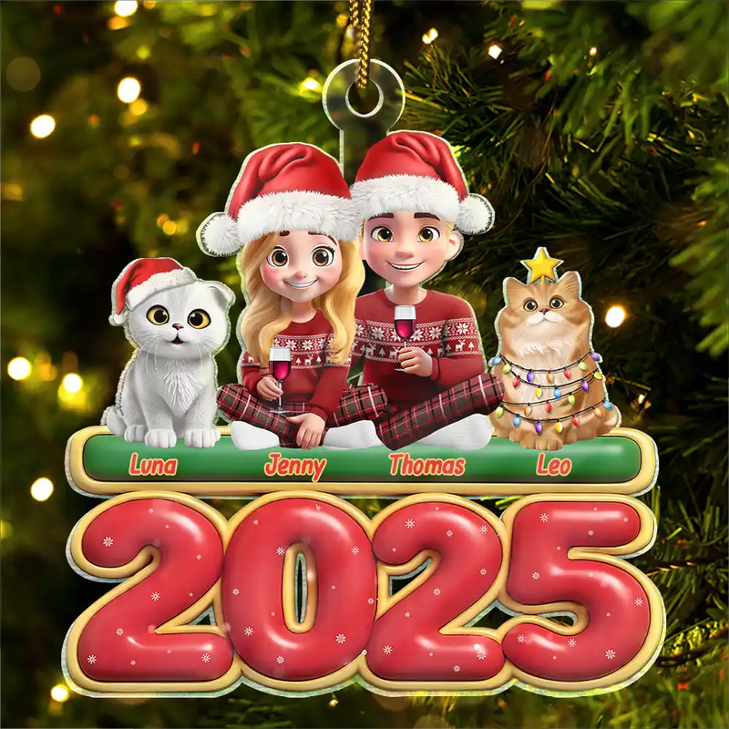 Cat Lovers,Cat Couple,Pet Lovers,Pet Couple,Christmas,Happy - 3D Effect Couple Sitting With Cats - Personalized Custom Shaped Acrylic Ornament