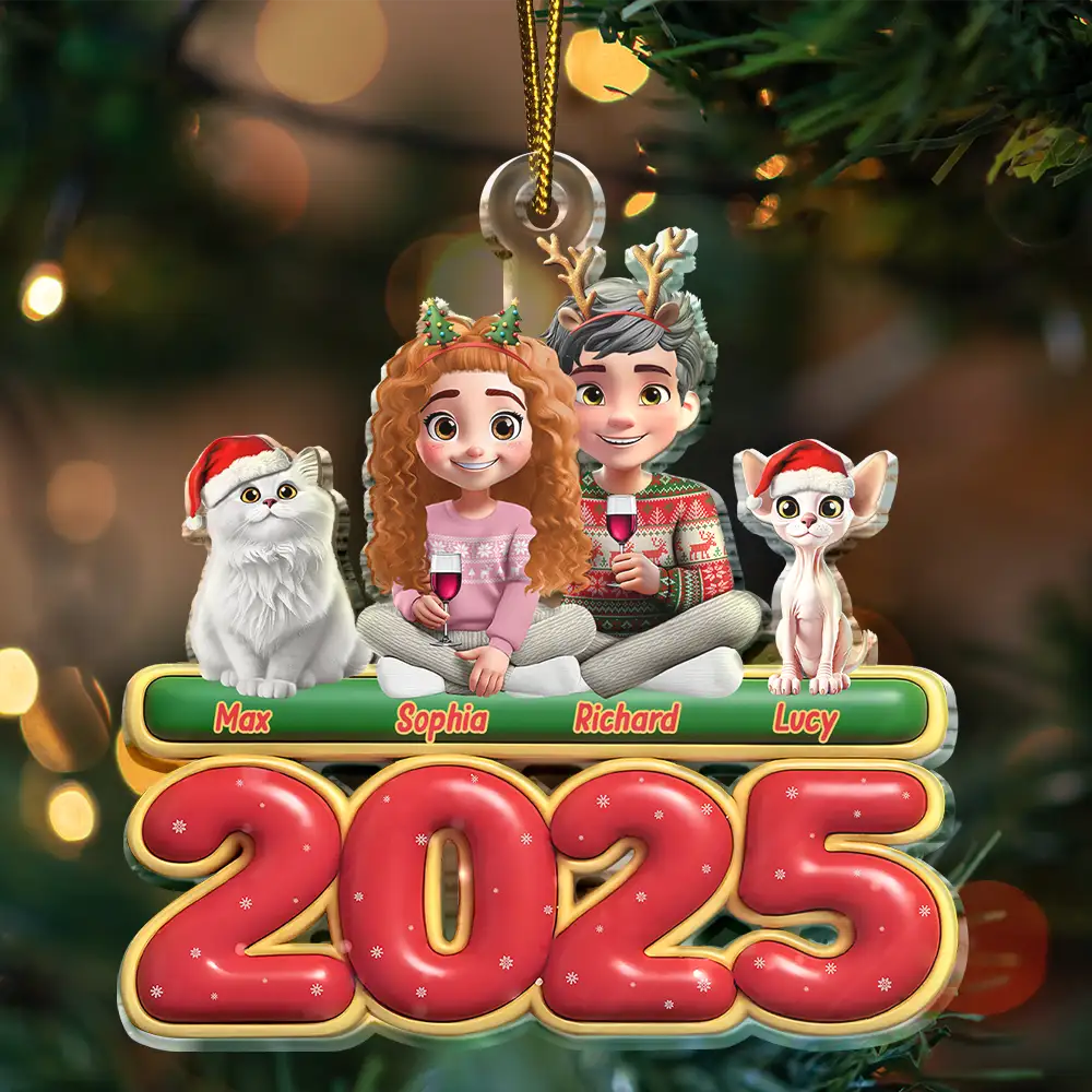 Cat Lovers,Cat Couple,Pet Lovers,Pet Couple,Christmas,Happy - 3D Effect Couple Sitting With Cats - Personalized Custom Shaped Acrylic Ornament