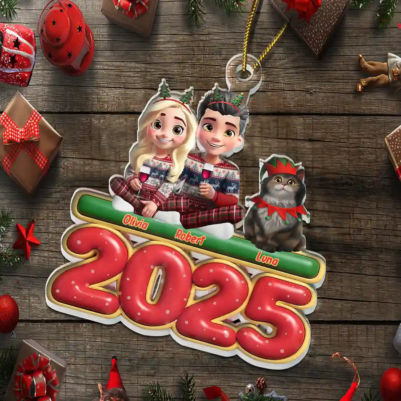 Cat Lovers,Cat Couple,Pet Lovers,Pet Couple,Christmas,Happy - 3D Effect Couple Sitting With Cats - Personalized Custom Shaped Acrylic Ornament