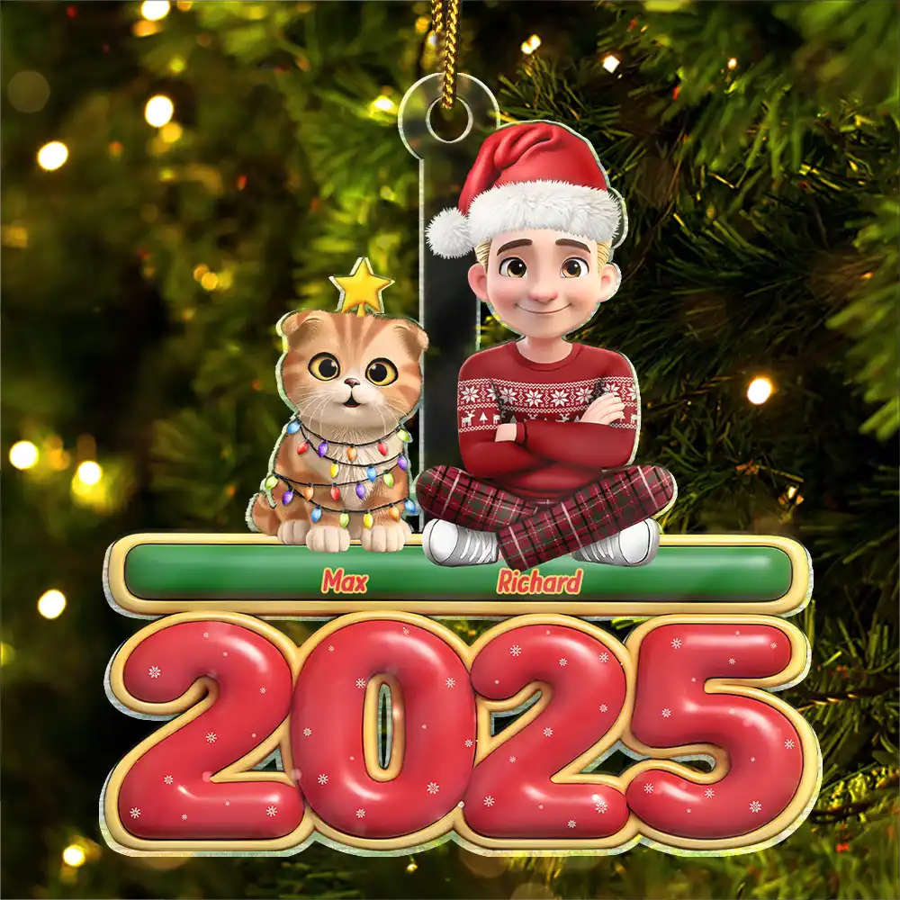 Cat Mom,Cat Dad,Cat Lovers,Pet Lovers,Pet Mom,Pet Dad,Christmas,Happy - 3D Effect Woman Man Sitting With Cats - Personalized Custom Shaped Acrylic Ornament