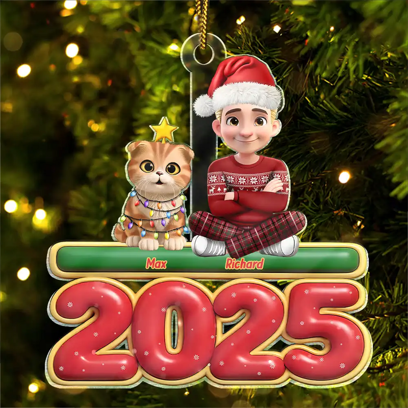 Cat Mom,Cat Dad,Cat Lovers,Pet Lovers,Pet Mom,Pet Dad,Christmas,Happy - 3D Effect Woman Man Sitting With Cats - Personalized Custom Shaped Acrylic Ornament