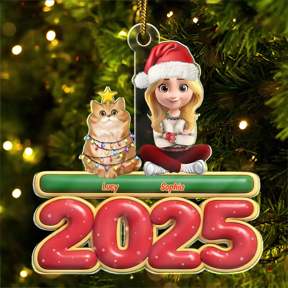 Cat Mom,Cat Dad,Cat Lovers,Pet Lovers,Pet Mom,Pet Dad,Christmas,Happy - 3D Effect Woman Man Sitting With Cats - Personalized Custom Shaped Acrylic Ornament