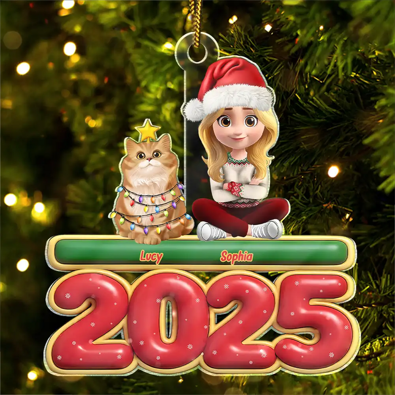 Cat Mom,Cat Dad,Cat Lovers,Pet Lovers,Pet Mom,Pet Dad,Christmas,Happy - 3D Effect Woman Man Sitting With Cats - Personalized Custom Shaped Acrylic Ornament