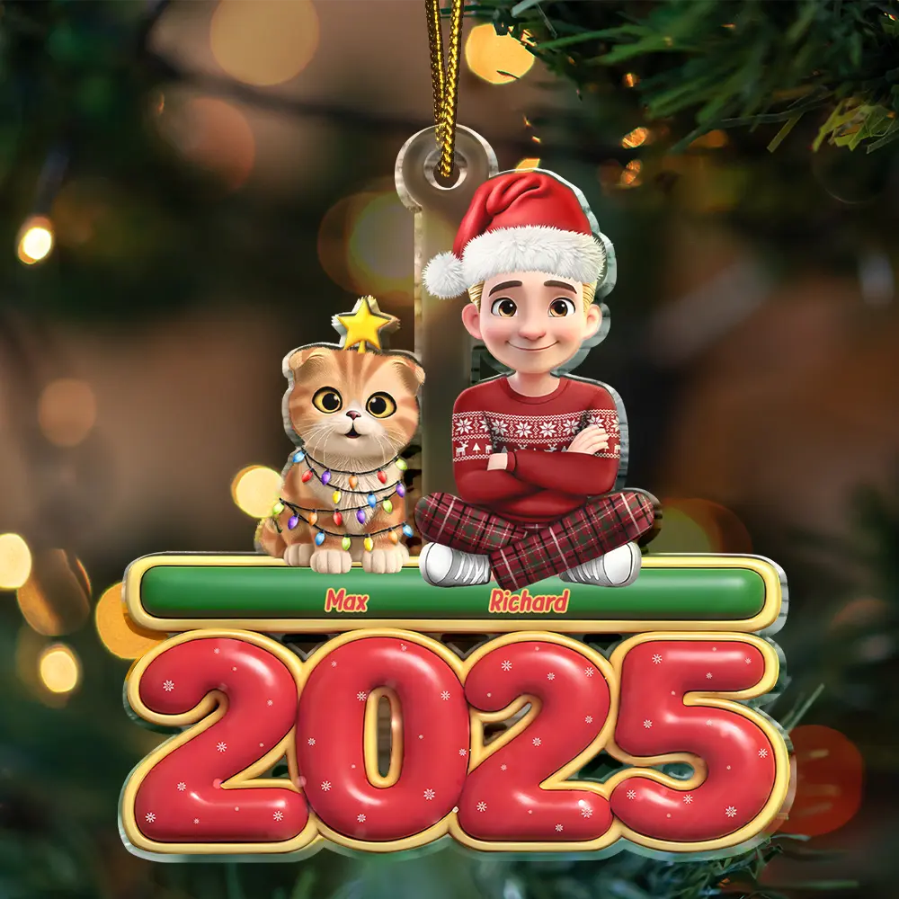 Cat Mom,Cat Dad,Cat Lovers,Pet Lovers,Pet Mom,Pet Dad,Christmas,Happy - 3D Effect Woman Man Sitting With Cats - Personalized Custom Shaped Acrylic Ornament