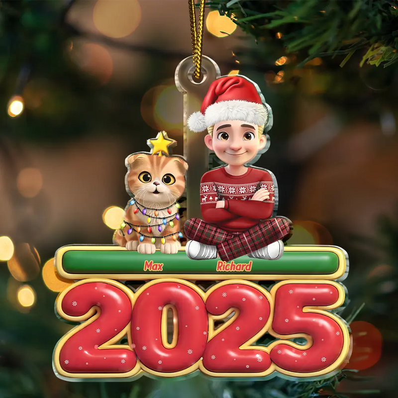 Cat Mom,Cat Dad,Cat Lovers,Pet Lovers,Pet Mom,Pet Dad,Christmas,Happy - 3D Effect Woman Man Sitting With Cats - Personalized Custom Shaped Acrylic Ornament