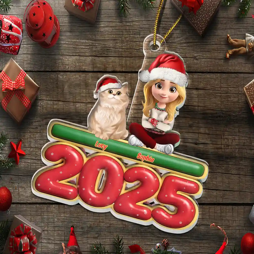 Cat Mom,Cat Dad,Cat Lovers,Pet Lovers,Pet Mom,Pet Dad,Christmas,Happy - 3D Effect Woman Man Sitting With Cats - Personalized Custom Shaped Acrylic Ornament