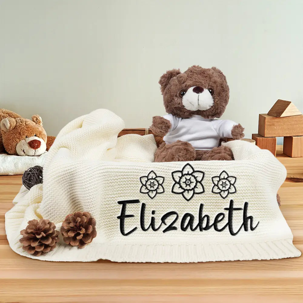 New baby,New Dad,New Mom,Gift For Kids,Happy - Birth Flower Line Art Custom Name - Personalized Embroidered Knitted Baby Blanket