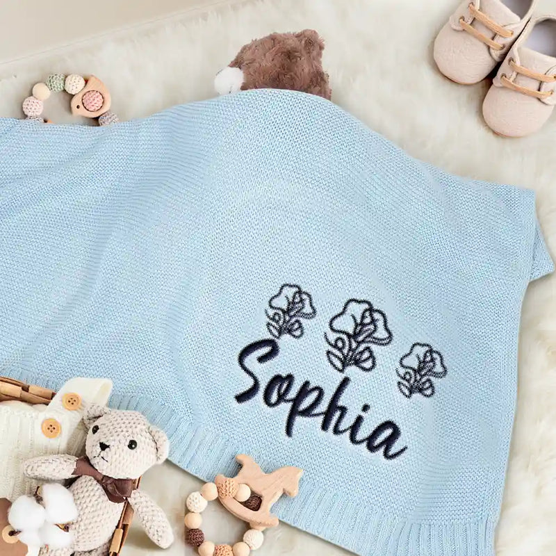New baby,New Dad,New Mom,Gift For Kids,Happy - Birth Flower Line Art Custom Name - Personalized Embroidered Knitted Baby Blanket