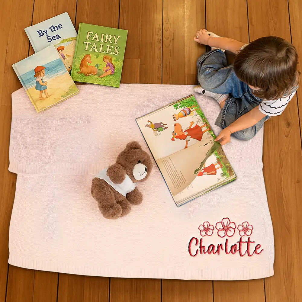 New baby,New Dad,New Mom,Gift For Kids,Happy - Birth Flower Line Art Custom Name - Personalized Embroidered Knitted Baby Blanket